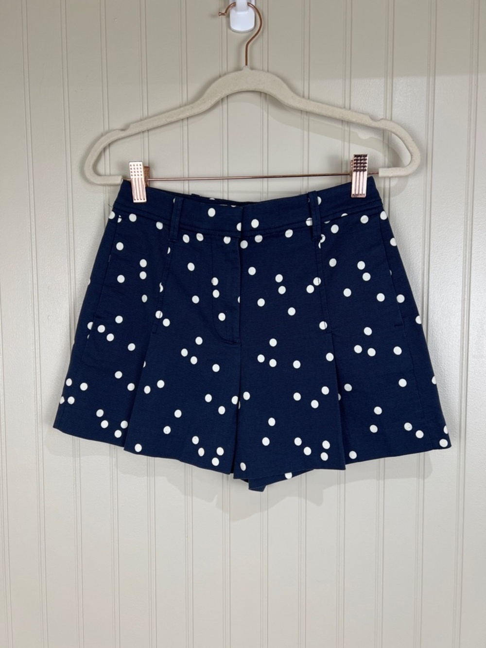 New J Crew High Waisted Pleated Indigo Polka Dot Shorts Size 00